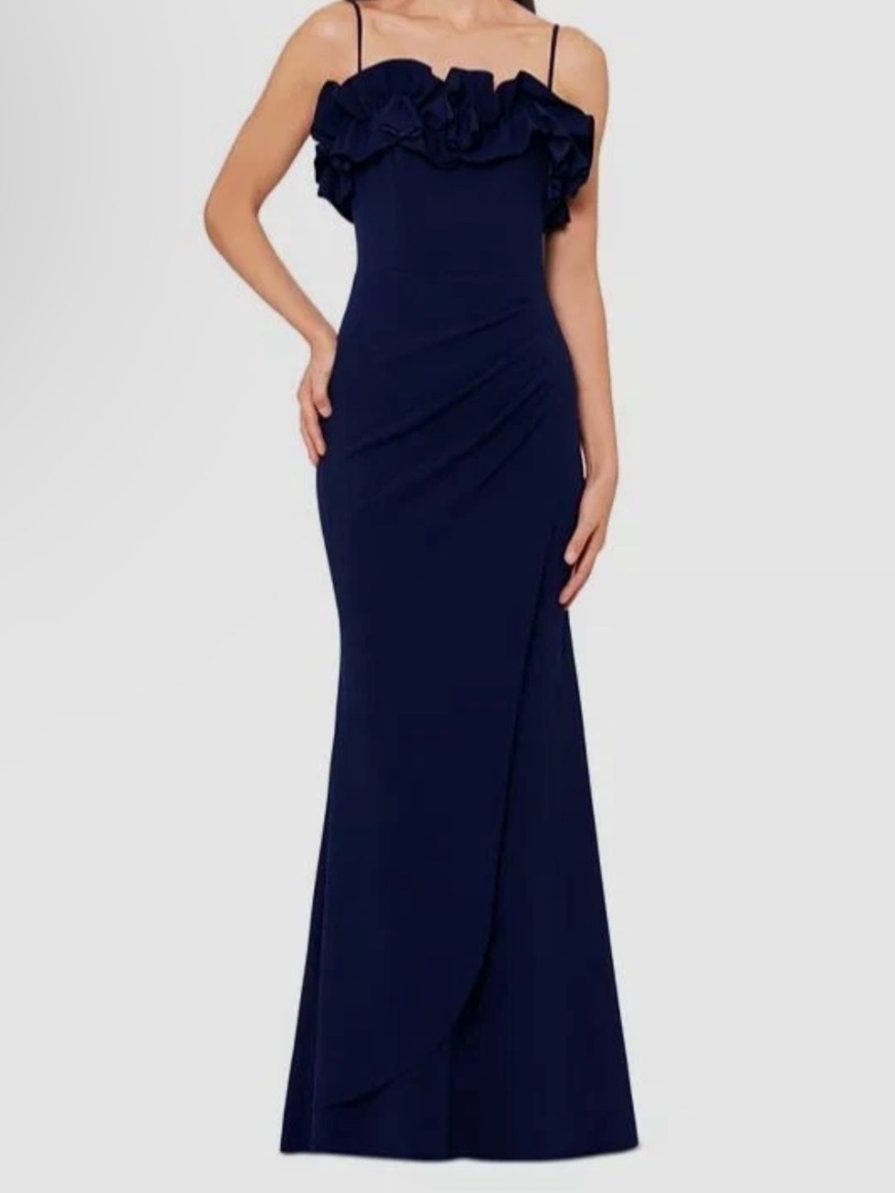 Xscape Navy Ruffled Sleeveless Scuba Crepe Gown Size 14 Retail $269